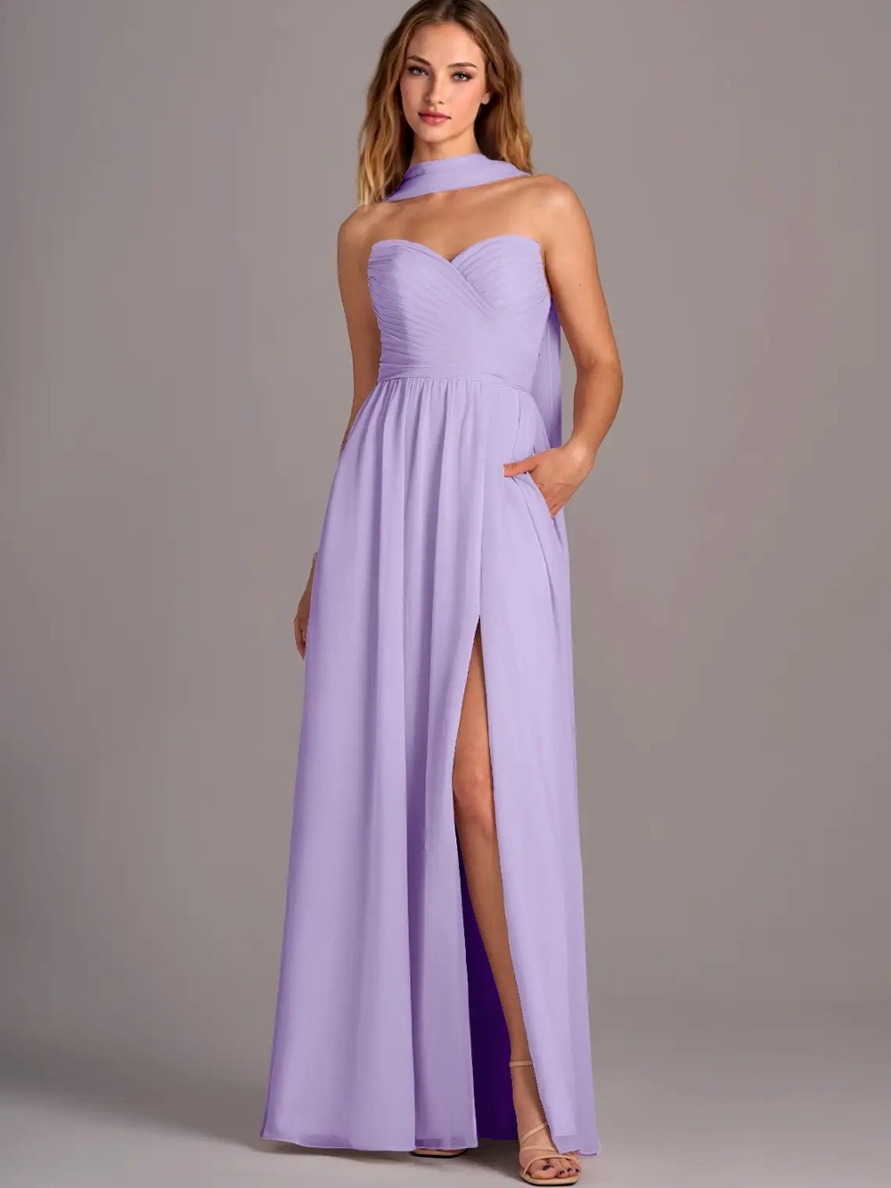 Azazie convertible Lilac Joni bridesmaid dress with optional scarf and straps